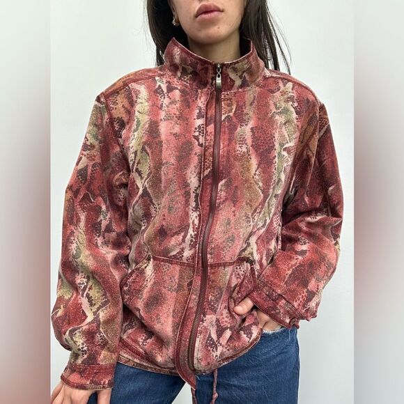 Vintage 80’s Red 100% Silk Reptile Print Windbreaker Jacket Size XL - Picture 1 of 11